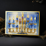 Carte De Vœux En Aluminium Aquarelle Peinture de Menorah Bleu Bougies blanche<br><div class="desc">Aquarelle Peinture de Menorah Bleu Bougies blanches</div>