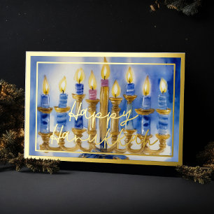 Carte De Vœux En Aluminium Aquarelle Peinture de Menorah Bleu Bougies blanche