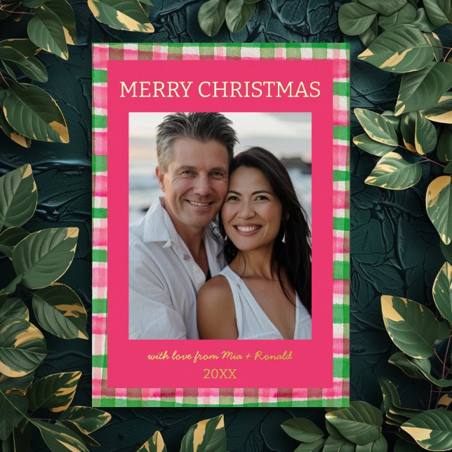 Carte De Vœux En Aluminium Aquarelle Plantée Fête artisanale Photo personnali (Watercolor Plaid Handmade Christmas Custom Photo GOLD Foil Holiday Card
)