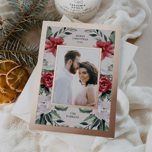 Carte De Vœux En Aluminium Aquarelle Poinsettia Fleurs avec photo et or