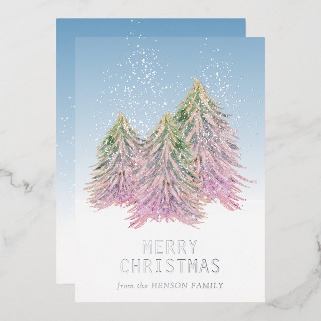 Carte De Vœux En Aluminium Aquarelle rose vert Arbre de Noël Artiste (Recto/Verso)