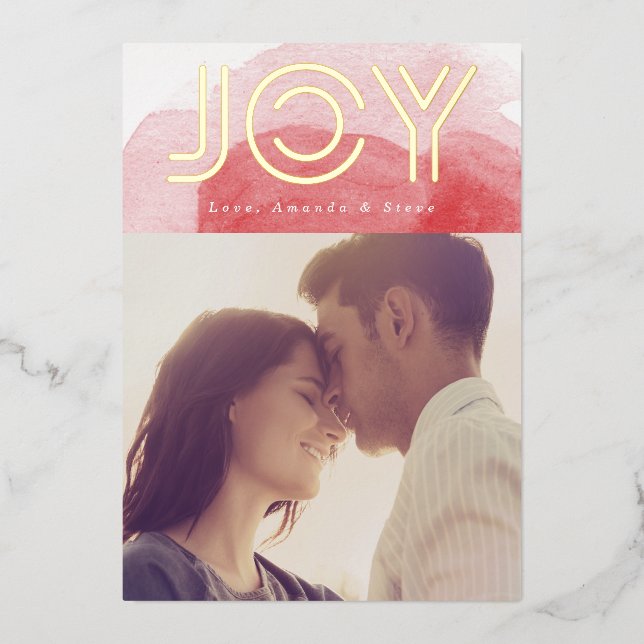 Carte De Vœux En Aluminium Aquarelle rouge GOLD JOY Noël Photo (Recto)