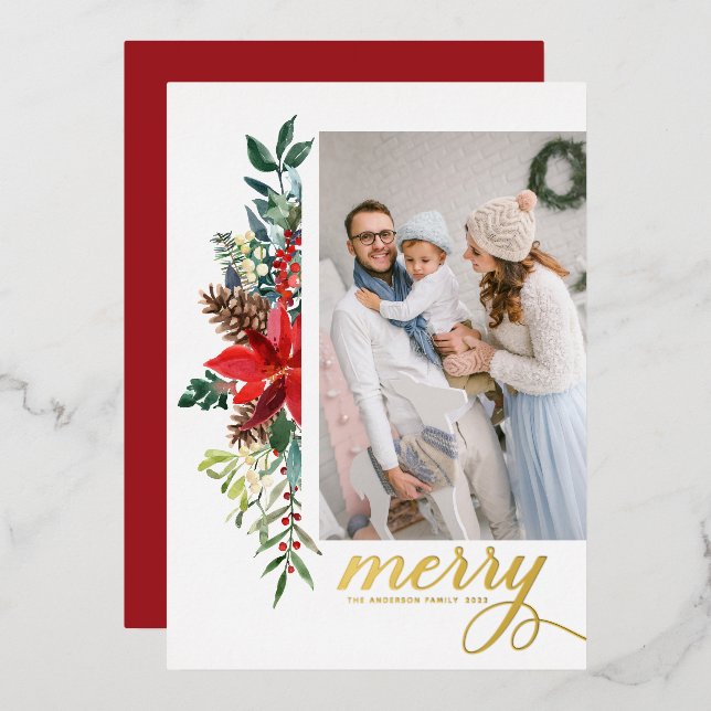 Carte De Vœux En Aluminium Aquarelle rustique Poinsettia Joyeux Noël Photo (Recto/Verso)