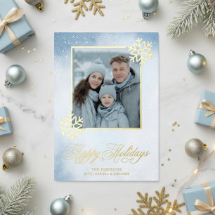Carte De Vœux En Aluminium Aquarelle Snowflake Bleu Photo Joyeuses Fêtes