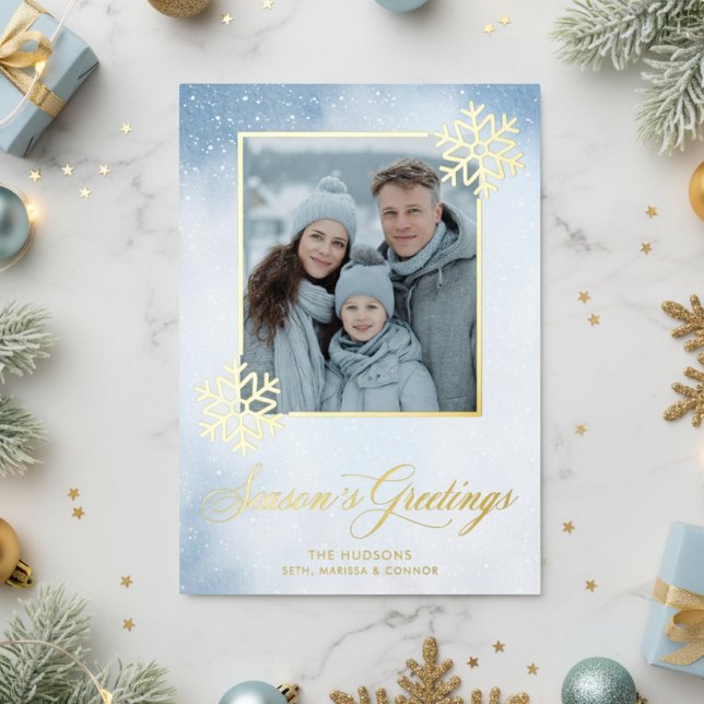 Carte De Vœux En Aluminium Aquarelle Snowflake Blue Photo Joyeuses Fêtes (Créateur téléchargé)