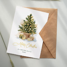 Arbre de Noël à l'aquarelle et feuille d'or élégan