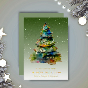 Carte De Vœux En Aluminium Arbre de Noël Aquarelle Joyeux Jolly Happy