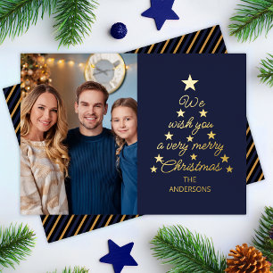 Carte De Vœux En Aluminium Arbre de Noël Bleu Nuit Étoiles Dorées Photo de Fa