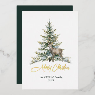 Carte De Vœux En Aluminium Arbre de Noël Élégant Cerf Aquarelle sans Photo