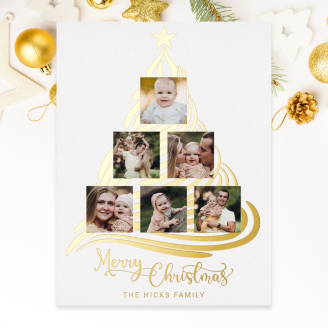 Carte De Vœux En Aluminium Arbre de Noël Gold Foil Famille Multiphoto (Créateur téléchargé)