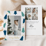 Carte De Vœux En Aluminium Arbre de Noël Gold Star 5 Photo Double face<br><div class="desc">Envoyez des réjouissances festives ce Noël avec ces cartes de fin de année photo sobres et élégants en feuille d'or. Le design présente une photographie sur le devant, encadrée d'arbres de Noël verts et de véritables étoiles en feuille d'or et de lettres 'Joyeux Noël' en feuille d'or. Sur la révérèse,...</div>