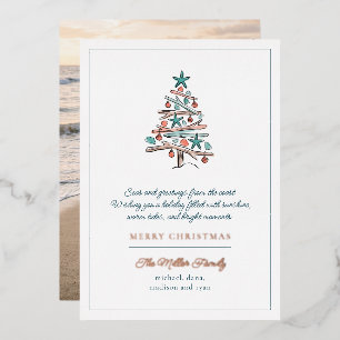 Carte De Vœux En Aluminium Arbre de Noël sur la plage en bois flotté tropical