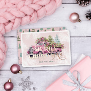 Carte De Vœux En Aluminium Arbre de Noël vintage Pink Farm Truck