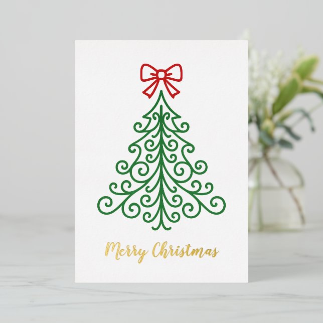 Carte De Vœux En Aluminium Arbre simple avec bow Noël moderne (Debout devant)