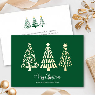 Carte De Vœux En Aluminium Arbres de Noël verts Script Nom Or Réel