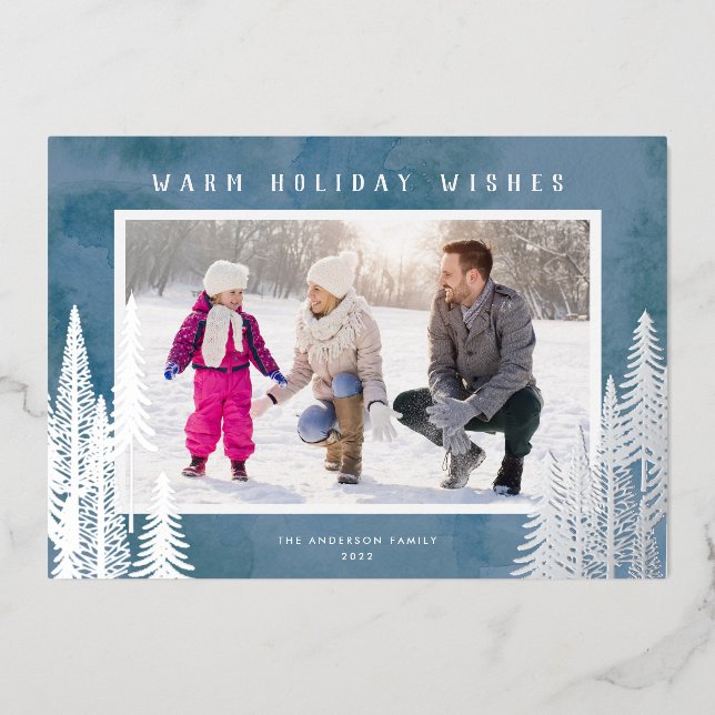 Carte De Vœux En Aluminium Arbres verts de feuille d'argent Noël bleu (Recto)