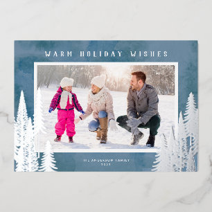 Carte De Vœux En Aluminium Arbres verts de papier d'argent Noël bleu