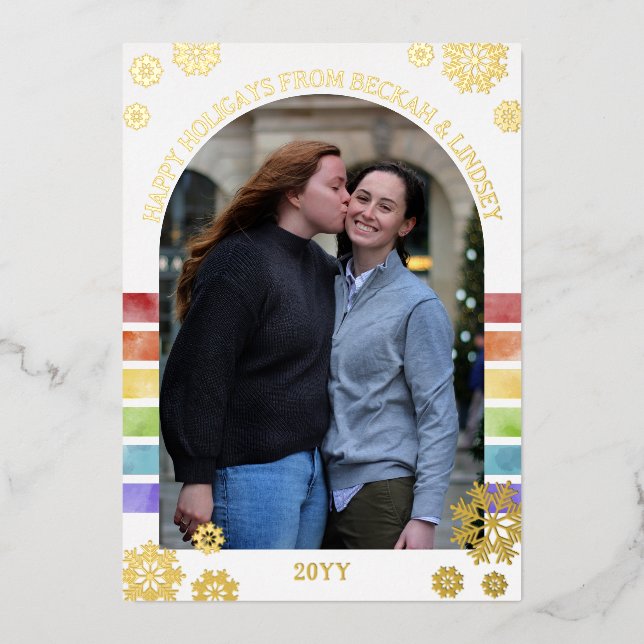 Carte De Vœux En Aluminium Arc-en-ciel Stripes Gold Snowflakes Happy Holigays (Recto)