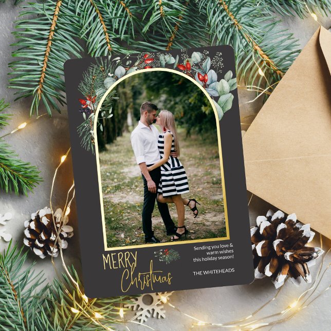 Carte De Vœux En Aluminium Arc vert Joyeux Noël Photo gris foncé (You will love these beautiful Christmas cards! They feature botanical watercolor pine and berries.)