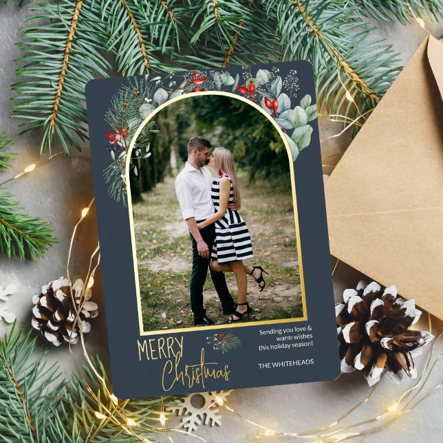 Carte De Vœux En Aluminium Arch Greenery Joyeux Noël Photo Dusty Blue (You will love these beautiful Christmas cards! They feature botanical watercolor pine and berries.)