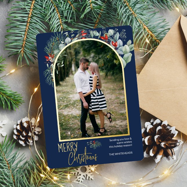 Carte De Vœux En Aluminium Arch Greenery Joyeux Noël Photo Marine Bleu (You will love these beautiful Christmas cards! They feature botanical watercolor pine and berries.)
