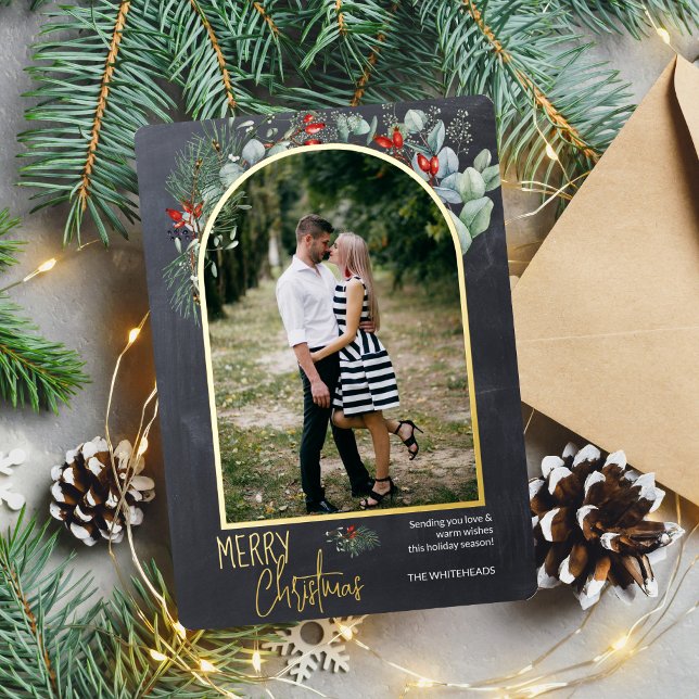 Carte De Vœux En Aluminium Arch Greenery Joyeux Noël Photo Tableau noir (You will love these beautiful Christmas cards! They feature botanical watercolor pine and berries.)