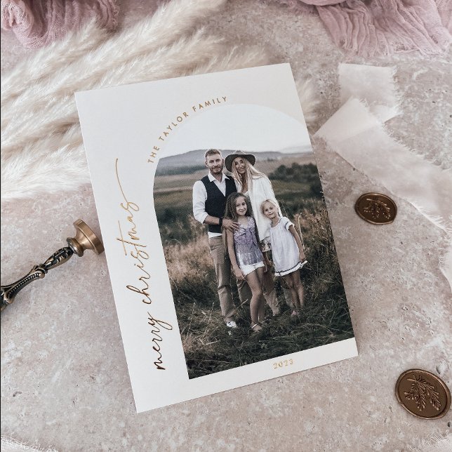Carte De Vœux En Aluminium Arche moderne | Cream Foil Photo de Noël (Créateur téléchargé)