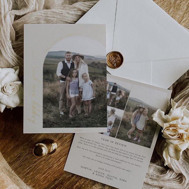 Carte De Vœux En Aluminium Arche moderne | Photo du Nouvel An de Cream Foil (Créateur téléchargé)