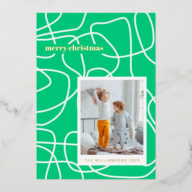 Carte De Vœux En Aluminium Art de ligne moderne abstrait vert personnalisé or (Recto)