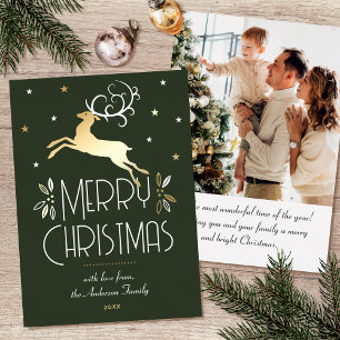 Carte De Vœux En Aluminium Art Déco Reindee de Noël Photo Deep Green Gold