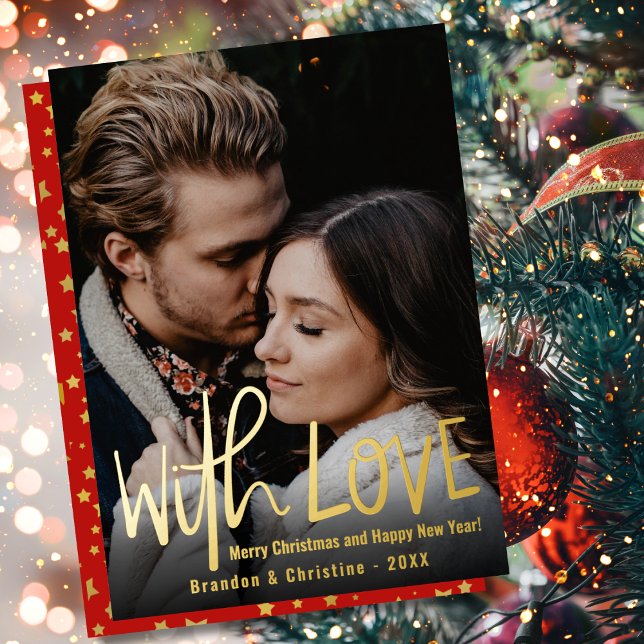Carte De Vœux En Aluminium Avec Love Red Gold Stars Photo Joyeux Noël (Créateur téléchargé)