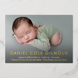Carte De Vœux En Aluminium Baby Boy Modern Name Custom Birth Stats Photo Gold