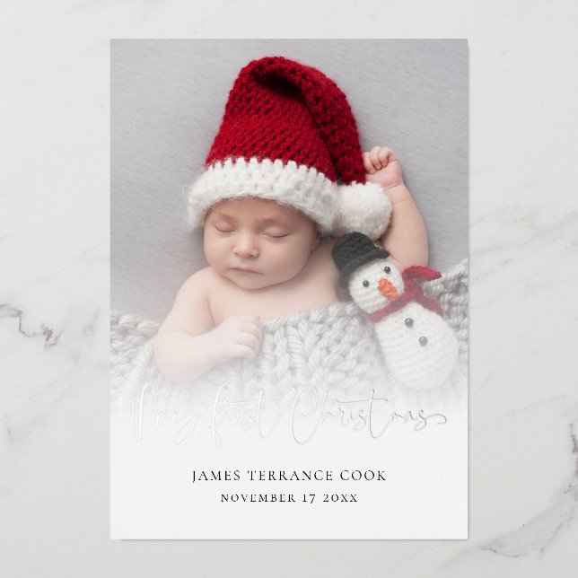 Carte De Vœux En Aluminium Baby First Christmas Photo Overlay Date de naissan (Recto)