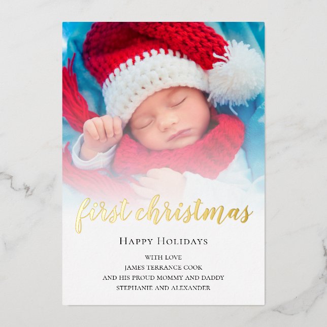 Carte De Vœux En Aluminium Baby First Christmas Photo Overlay Real (Recto)