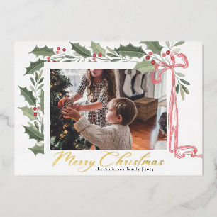 Carte De Vœux En Aluminium Baies de houx élégantes Noël photo de famille