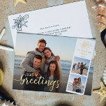 Carte De Vœux En Aluminium Beach Christmas Script 3 Photo Collage Gold<br><div class="desc">Ajoutez vos photos de famille,  votre nom et votre date d'année à cette carte de vacances unique inspirée de la plage,  avec un élégant script superposé "Seas ‘n Greming" imprimé avec une véritable feuille d'or.</div>