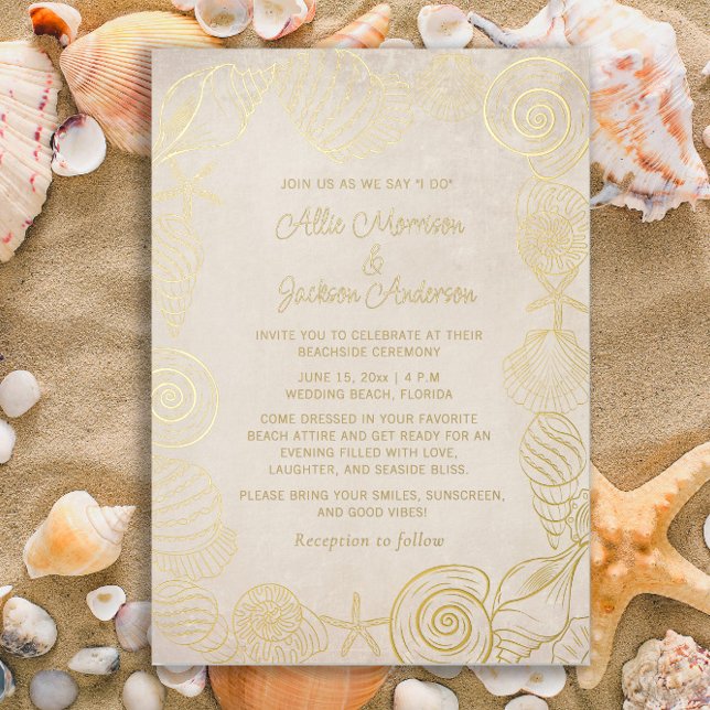 Carte De Vœux En Aluminium Beach Seashells Sand Mariage balnéaire (Gold-foil beach and seashells wedding invitation)
