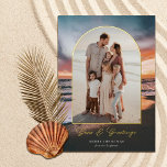 Carte De Vœux En Aluminium Beach Sunset Painting Seas and Greetings Photo<br><div class="desc">These beautiful holiday photo cards feature a beach sunset painting in the background and an arch shape photo template. Stylish typography reads, "Seas & Greetings" in real foil, and the arch frame is also foil. The back is a matching dark teal blue but can be customized, if desired. Add photos...</div>