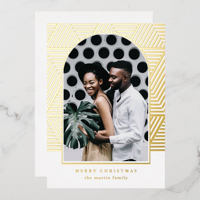 Carte De Vœux En Aluminium Beau Motif géométrique Or Photo Noël (Recto/Verso)