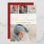 Carte De Vœux En Aluminium Bébés First Christmas Photo Collage Gold<br><div class="desc">Une carte de vacances moderne pour célébrer le premier Noël de votre bébé en famille et entre amis. Le design comporte un collage photo de vos photos préférées. Personnalisez avec le nom de votre bébé en typographie de feuille d'or. L'envers est rouge avec une couche de motif de chute de...</div>