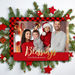 Carte De Vœux En Aluminium Bénédiction Famille Photo Noël Rouge & Noir Plaid<br><div class="desc">Bienheureux Typographie d'or Nom de famille et photo Rouge et noir Noël Plaid Foil Carte de vacances</div>
