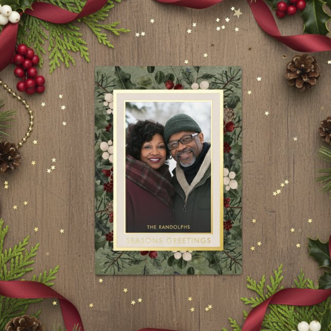 Carte De Vœux En Aluminium Berries d'hiver Joyeuses Fêtes vert photo (Créateur téléchargé)