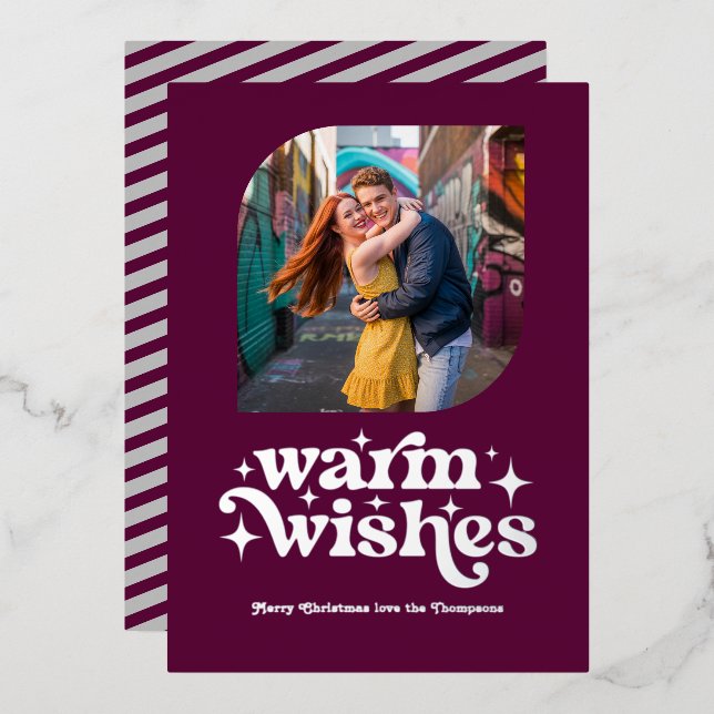 Carte De Vœux En Aluminium Berry Violet et Argent Moderne Photo de Noël Rétro (Recto/Verso)