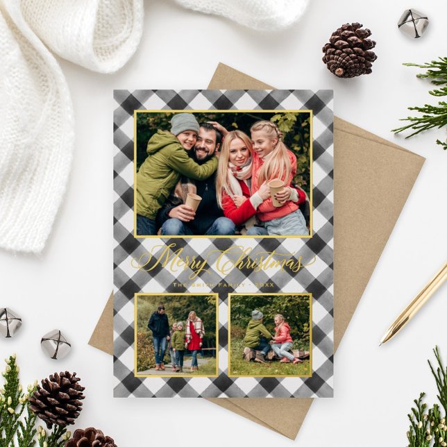 Carte De Vœux En Aluminium Black Buffalo Plaid Christmas Photo Collage (Créateur téléchargé)