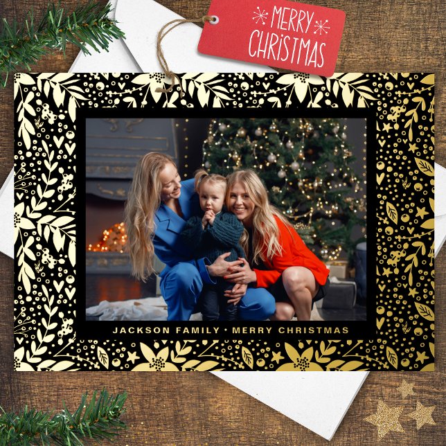 Carte De Vœux En Aluminium Black GOLD Botanical Christmas Frame Photo (Créateur téléchargé)
