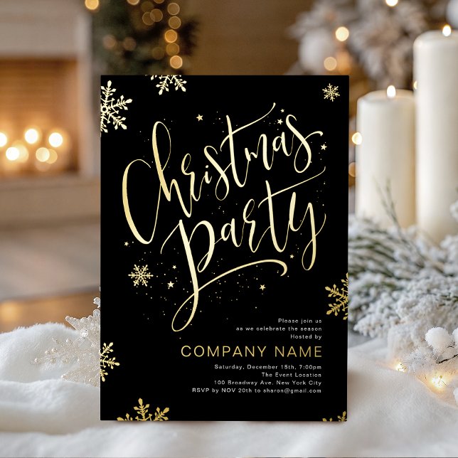 Carte De Vœux En Aluminium Black Gold handwritten calligraphy Christmas Party (Black Gold handwritten calligraphy Christmas Party Foil Holiday Card)
