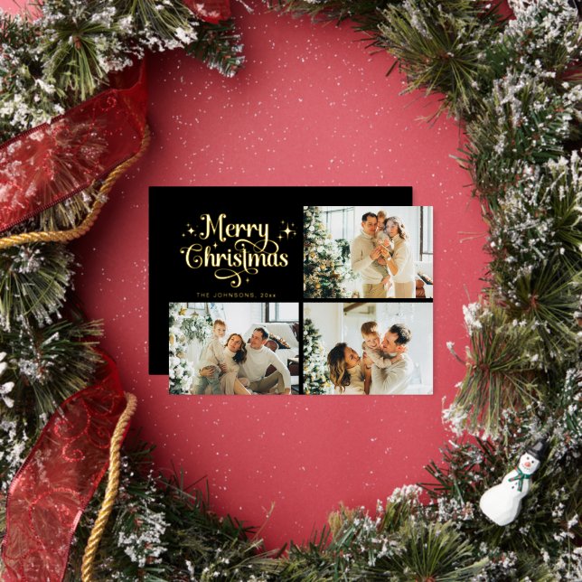 Carte De Vœux En Aluminium Black & Gold Retro Christmas Family Photo Collage (Insitu)