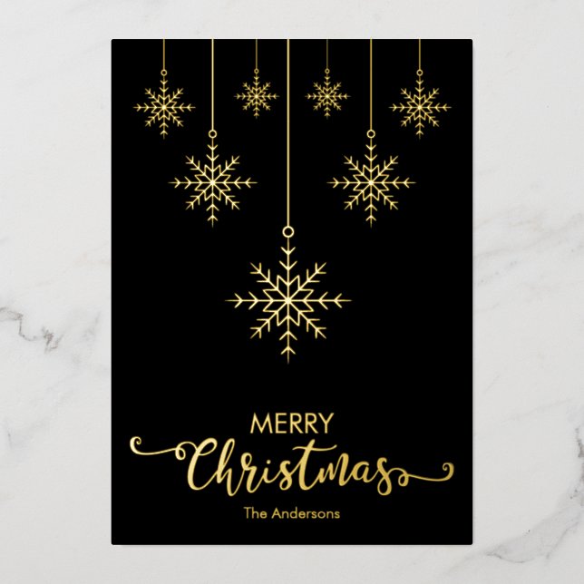 Carte De Vœux En Aluminium Black Joyeux Noël Snowflakes Gold (Recto)