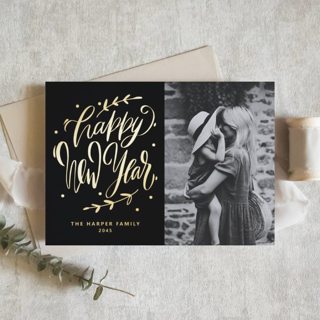 Carte De Vœux En Aluminium Black Modern Calligraphy and Wreath New Year Photo (Customizable photo gold foil Happy New Year card featuring modern calligraphy and wreath.)