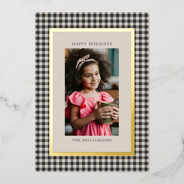Carte De Vœux En Aluminium Black White Gingham Plaid Christmas Photo Gold (Recto)